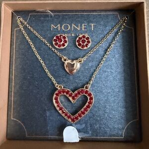Monet Gold Necklace with Red Heart Pendant and Earrings